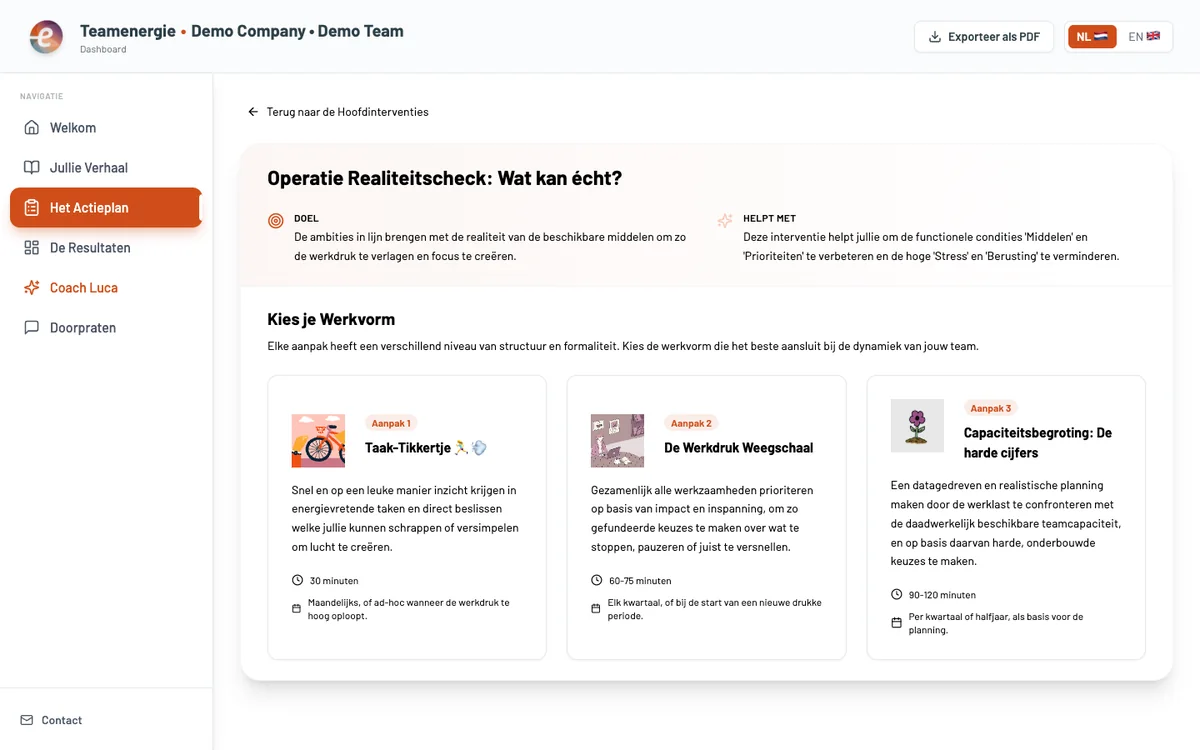 The action plan with three team exercises to choose from