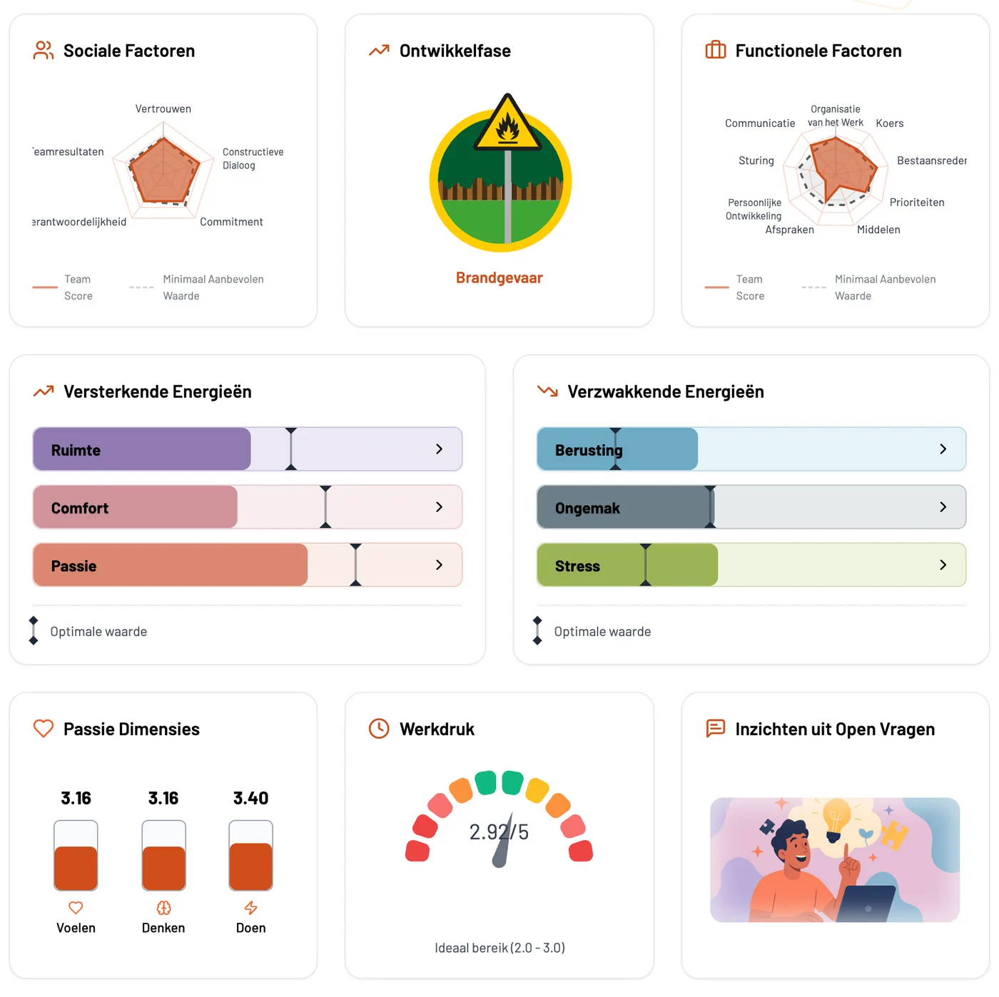 The entire dashboard: social factors, developmental stage, functional factors, strengthening and weakening energies, “ Passion ” in feeling, thinking, and acting, work pressure, and insights from the open-ended questions
