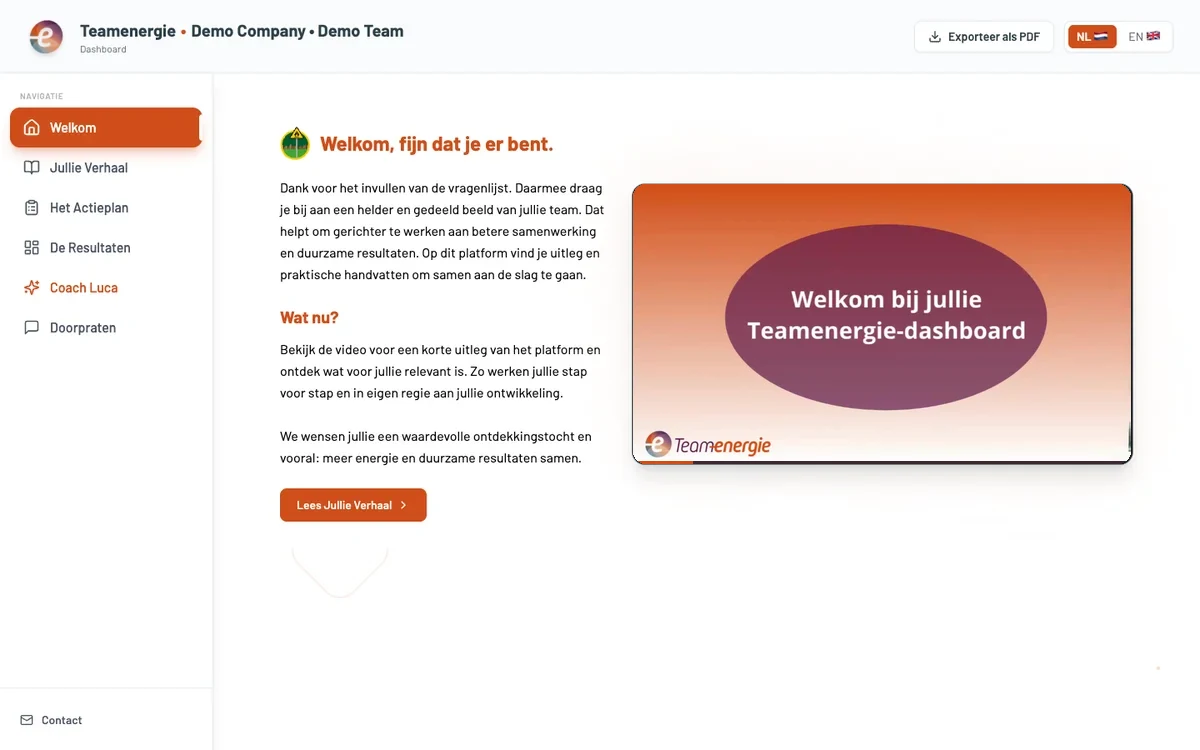 The welcome screen of the Teamenergy platform after filling out the form
