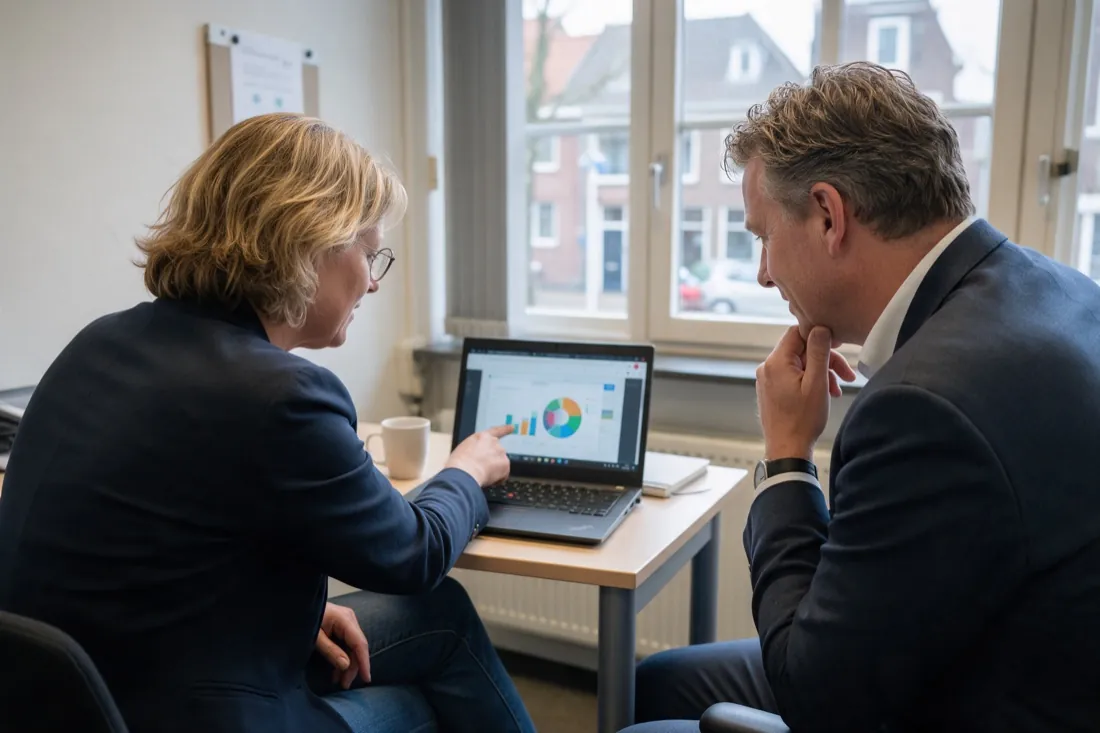 An HR manager and a director review the results together